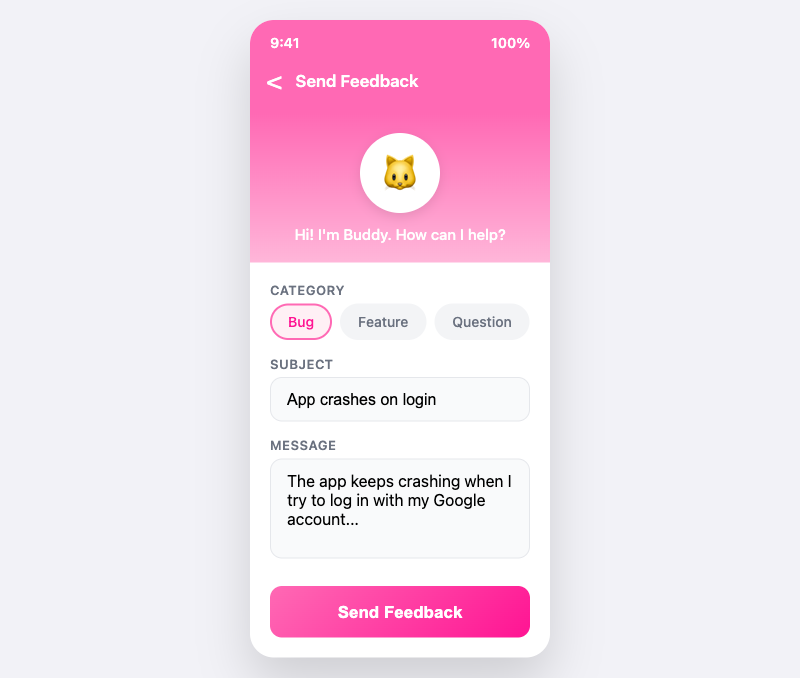 Feedback form screenshot showing category selection and message input