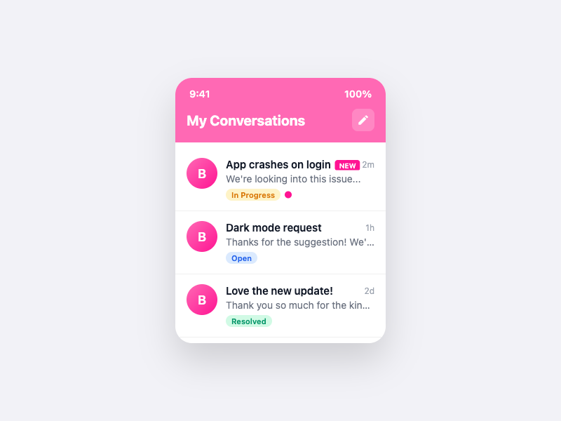 In-app inbox screenshot showing conversation list with unread badges